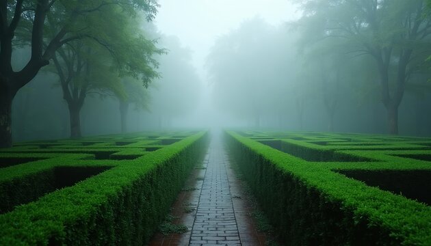Green hedge maze path disappears into thick fog. Symmetrical garden paths surrounded by trees. Wet brick walkway leads into mysterious misty forest. Overcast weather.