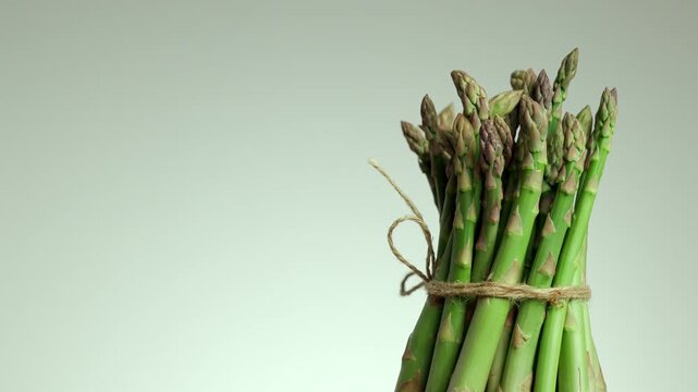 Organic bunch of raw asparagus tied with twine rotating and spinning to show the healthy edible shoots with copy space on a light background