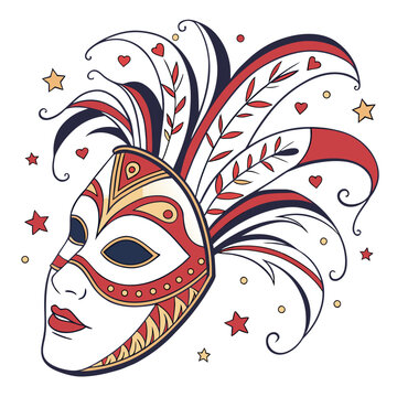 Venetian style decorative carnival mask with feathers and stars illustration carnival venetian festival masquerade