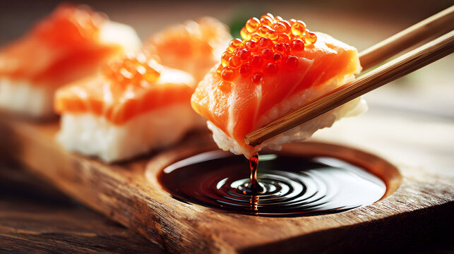 Fresh Salmon Sushi being Dipped in Soy Sauce