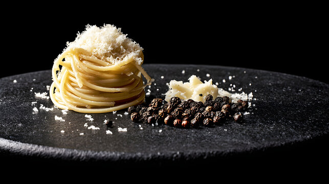 Spaghetti Pasta with Grated Cheese on Black Stone Plate