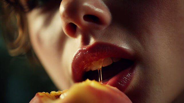 Close Up of Woman Lips Tasting Fresh Fruit