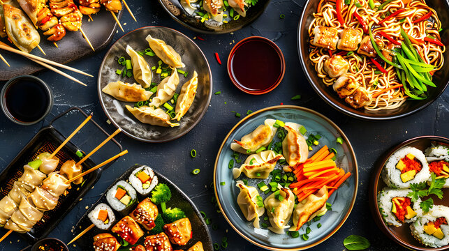 Variety of Asian Cuisine with Dumplings and Noodles