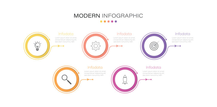 Modern business infographic template designed in glassmorphism style featuring a 4-step process. Business data visualization.  Five step process infographic with circular elements connected