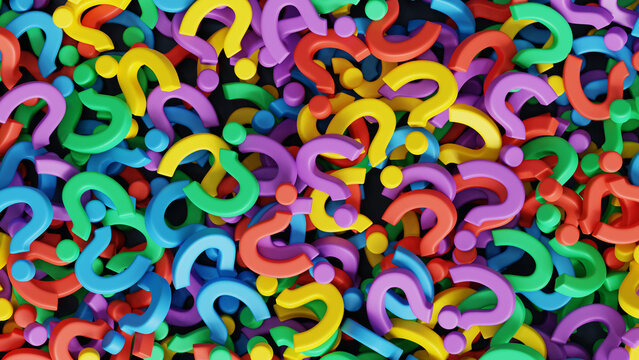 3D illustration of a jumble pile of colorful question marks symbolizing confusion, curiosity, FAQ, uncertainty and asking questions. Bright playful composition 