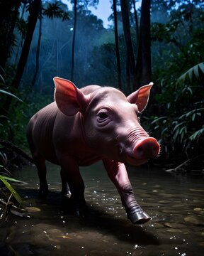 A pink babirusa piglet pig hybrid fictional species, digitally created animal,  in a darkened spirit forest