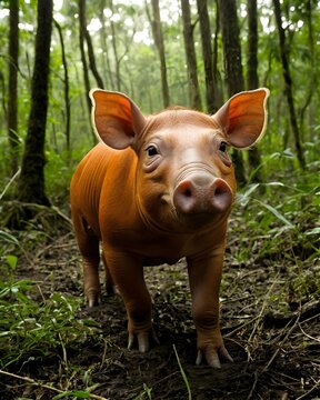 A orange babirusa piglet  pig hybrid fictional species, digitally created animal, in a forest clearing