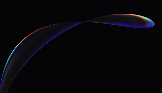Minimalist aesthetic graphic design with a smooth fluid ribbon flowing across a pitch black background. Features subtle multi color gradient lighting on the edges.