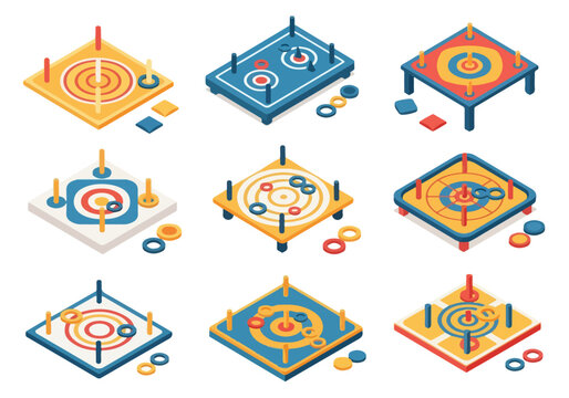 Collection of colorful isometric carrom board game illustrations with various designs