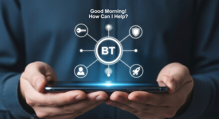 Fototapeta premium Business Transformation digital interface on smartphone, BT technology concept for customer support, innovative corporate solution for global services