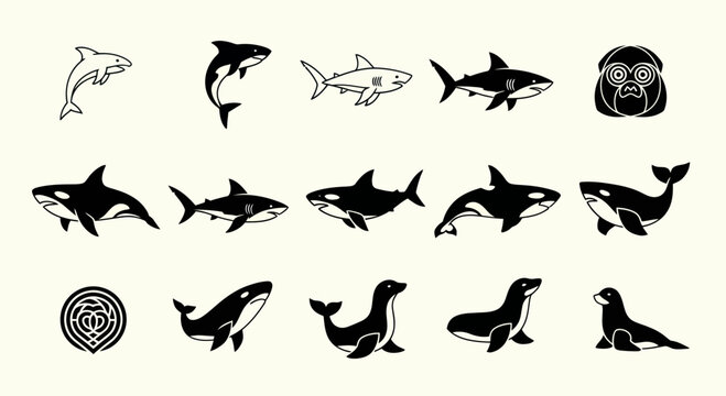 Marine Mammal Vector Icons: Dolphin, Orca, Shark, Seal, Gorilla Face