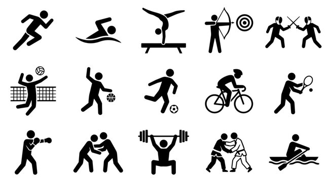 Collection of various sports and athletic activity stick figure icons