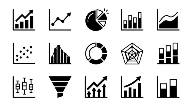 Various data visualization charts and graphs icon set
