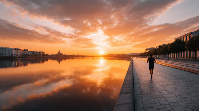 Man running on a riverside embankment, capturing the warm tones of an urban sunrise reflecting on the water, symbolizing a healthy lifestyle and the peaceful start of a new day