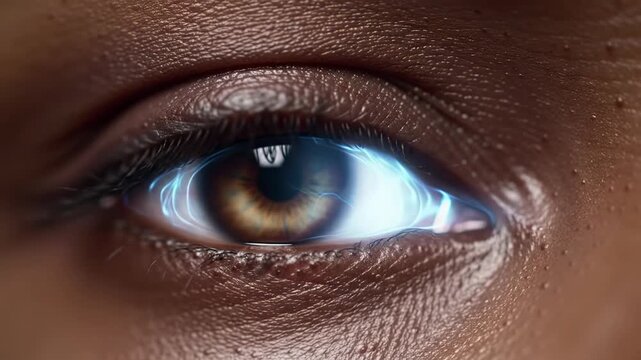 Extreme close-up macro video of a dark-skinned human eye, hyper-realistic skin texture, individual lashes, slow blink, blue inner corner glow implies futuristic cybernetic concept.