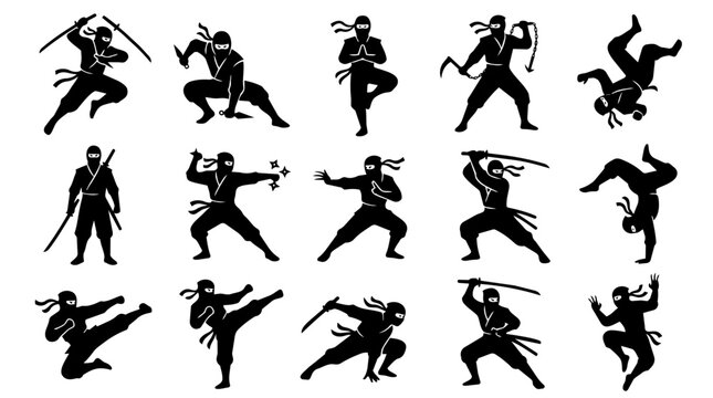 Set of ninja characters in different action poses
