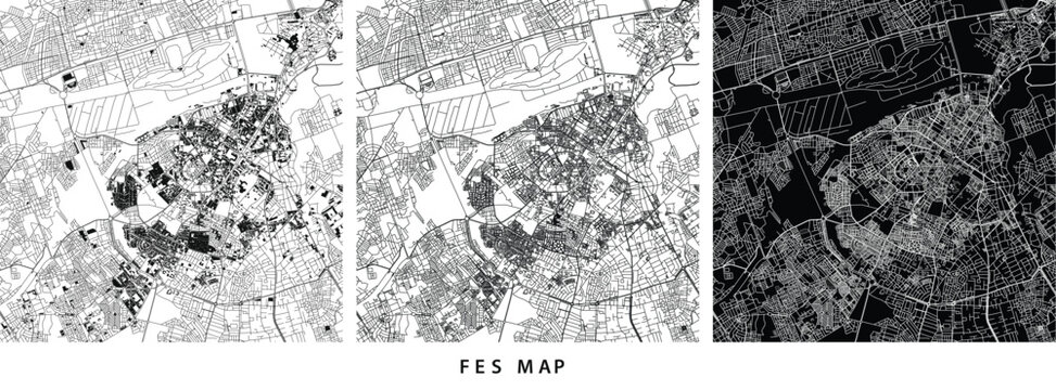 Fes City Map Art Vector. Morocco Minimalist Urban Street Plan Layout