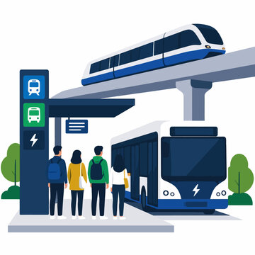 People waiting for electric public transportation at a modern bus and train station.