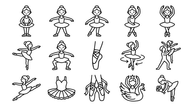 Line art ballet dancers and elements icon set