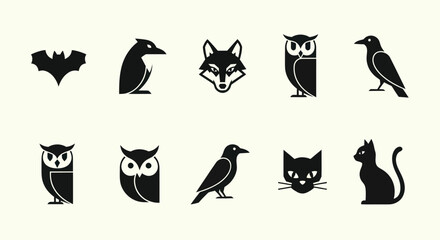 Fototapeta premium Halloween Icons Set: Bat, Fox, Owls, Raven, Cat Silhouettes