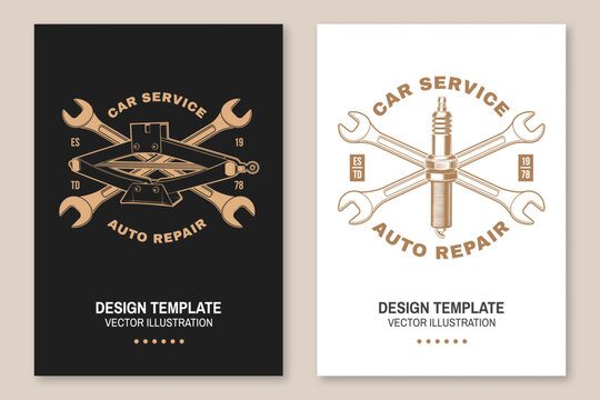 Vintage Auto Repair Service Poster with Spark Plug, Scissor Jack and Crossed Wrenches in Retro Garage Style Vector Design