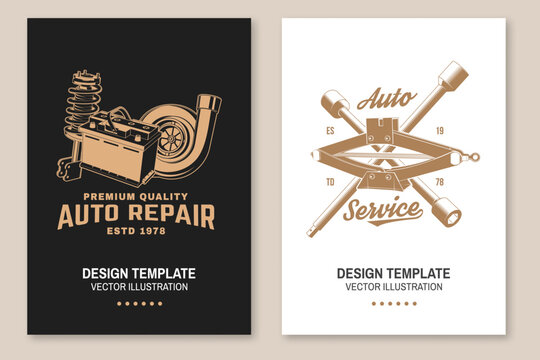 Retro Auto Service Poster with Shock Absorber, Wheel and Automotive Garage Repair Vector Illustration