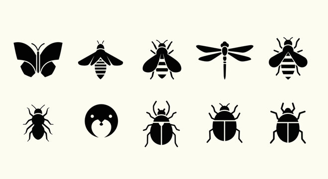 Insect Icon Set: Butterfly, Bee, Dragonfly, Beetle, Ladybug, Ant, Bear Face