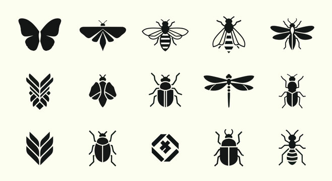 Insect Icons Set: Butterfly, Moth, Bee, Dragonfly, Beetle, Ant and More