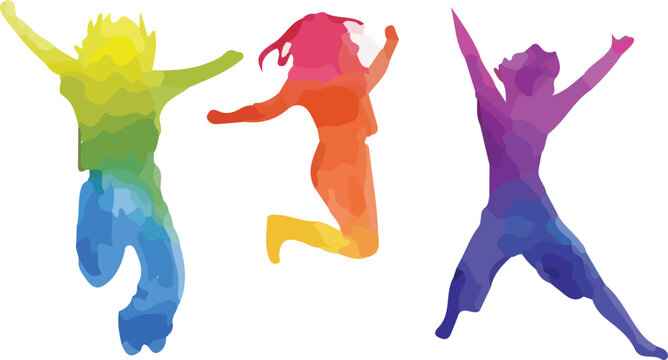 colorful watercolor rainbow children silhouettes jumping joy vector illustration kids energy youth program education design isolated background.