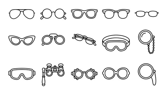 Set of various eyewear, glasses, and goggles outline icons
