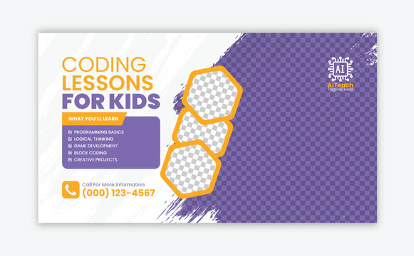 Coding Lessons for Kids Web Banner and Thumbnail Design for Programming, Block Coding, Game Development and Creative Projects