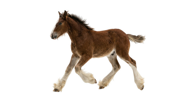 Young brown foal with white markings running isolated on transparent background