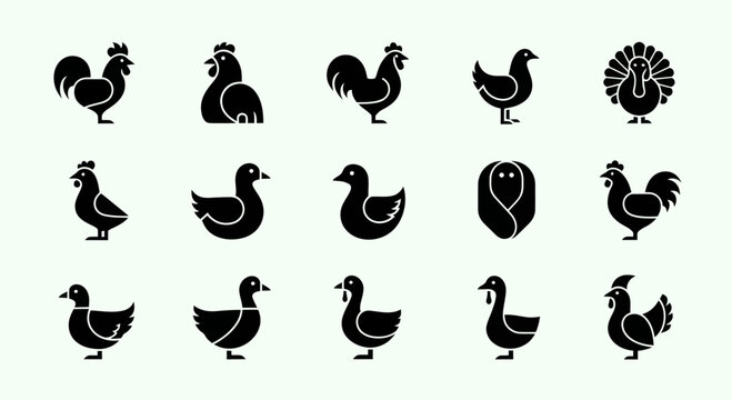 Farm Birds Icons: Rooster, Chicken, Duck, Turkey Silhouette Collection