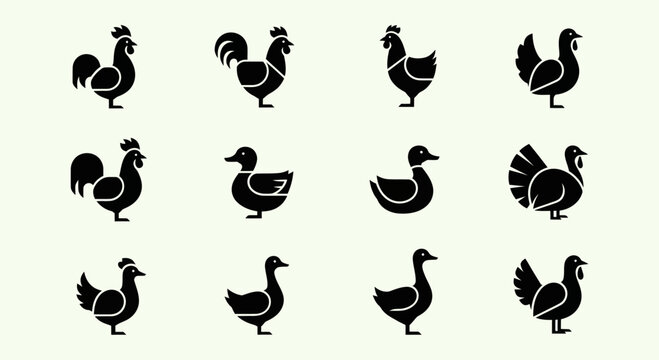 Farm Birds Icons Set: Rooster, Hen, Duck, Goose, Turkey Silhouette Collection