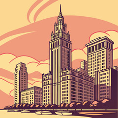 Obraz premium City skyline illustration of urban buildings at golden hour with buildings architecture skyscraper downtown business