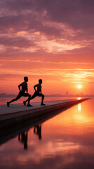 Obraz premium Two men in silhouette performing lunges on a pier at sunrise, reflecting concepts of morning workout, health, fitness, well being, and a fresh start
