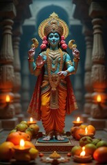 Fototapeta premium Ornate blue deity statue with golden adornments and orange robes stands on altar. Offerings of fruit and lit lamps surround the sacred figure in dimly lit temple interior.