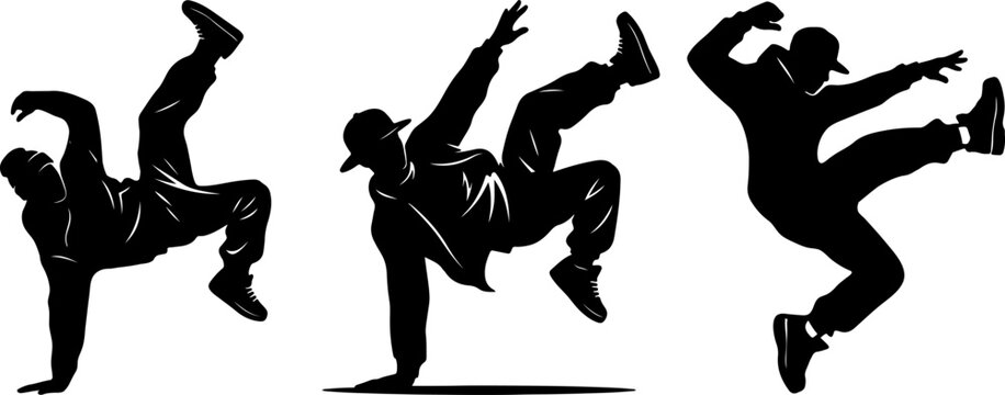 Black silhouettes of men dancing in various breakdancing poses