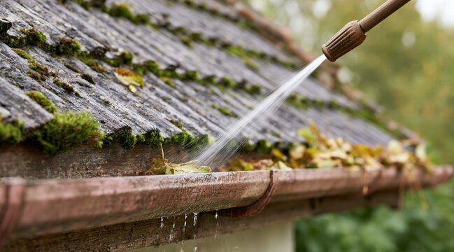 Person cleaning moss and leaves from house roof gutter with high pressure water stream
