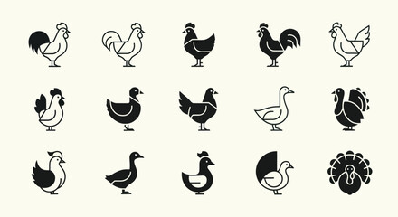 Obraz premium Farm Bird Icons: Chicken, Rooster, Duck, Goose, Turkey Silhouettes