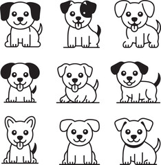 Fototapeta premium Dogs showing various playful postures are organized in a set of nine distinct black and white line art icons on a neutral background, highlighting the cheerful and energetic nature of puppies.