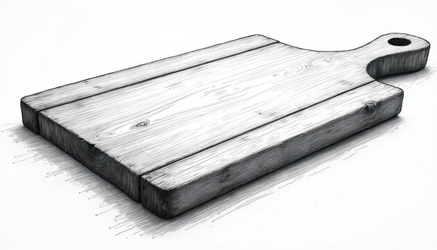 Hand drawn sketch of a rustic wooden chopping board with handle. Kitchen utensil for food prep and cooking. White background. Simple, clean design.
