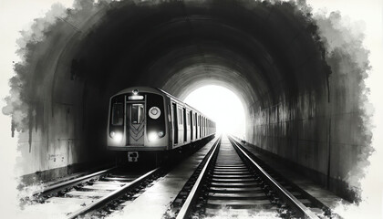 Fototapeta premium Ink wash illustration of train exiting dark tunnel. Urban transit journey begins with light ahead on the tracks. City commuter travel concept.