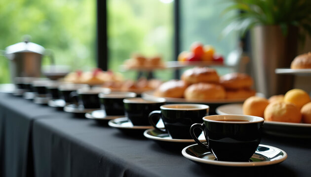 Row of black coffee cups and pastries on a table. Catering service at a business meeting. Natural light filters through window. Blurred background.