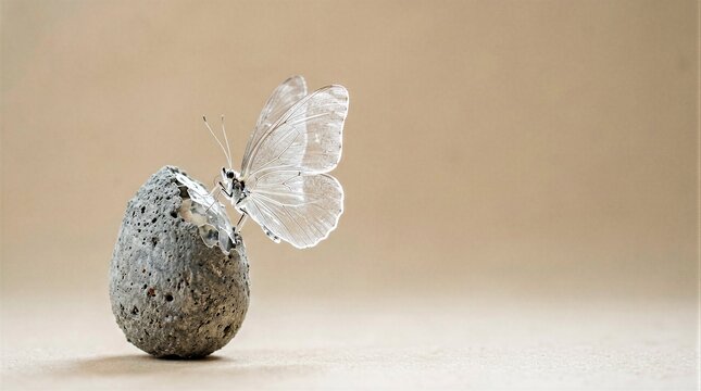 Delicate butterfly resting upon a textured stone rock symbolizing transformation and gentle change