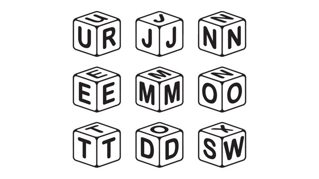 Isometric alphabet blocks vector set, black and white letter cubes collection, 9 educational toy blocks with bold typography for learning