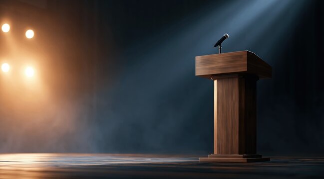 Wooden lectern with microphone on stage under spotlight