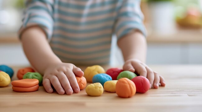Child hands playing with colorful modeling clay on wooden table