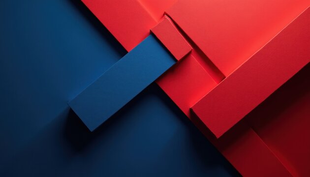 Red and blue textured geometric planes intersect at a sharp diagonal seam. Layered shadows and gradients create bold, dramatic contrast and dynamic tension.