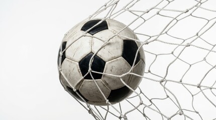 Naklejka premium Soccer ball in the goal net isolated on white background